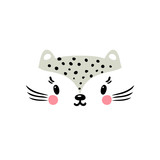 T-shirt print design for kids with little cute leopard cat. Doodle kitten face. Cartoon Animal vector illustration. Scandinavian print or poster design, Baby shower greeting card.