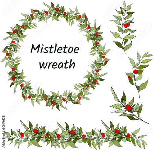 Set of mistletoe wreaths and branches on a white background. Green branches with leaves and red berries. Vector brush, ribbon from mistletoe.