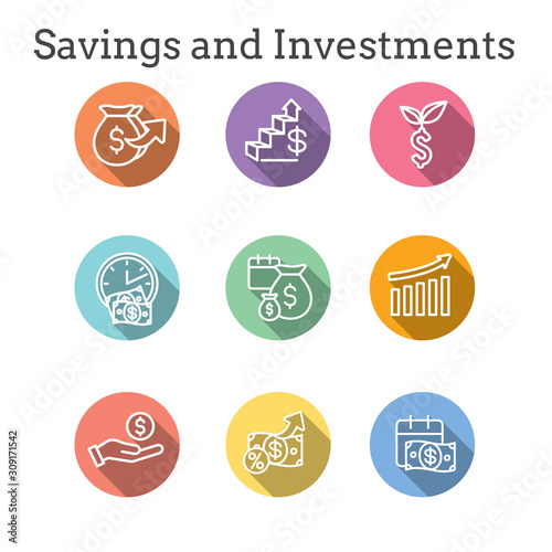 Banking, Investments and Growth Icon Set with Dollar Symbols, etc