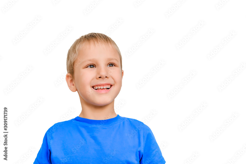 Portrait of happy joyful beautiful boy isolated on white background. cute baby smiles and looks away Portrait of happy joyful beautiful boy isolated on white background. cute baby smiles and looks away