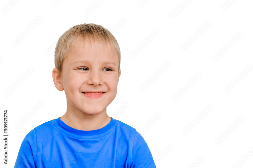 Portrait of happy joyful beautiful boy isolated on white background. cute baby smiles and looks away Portrait of happy joyful beautiful boy isolated on white background. cute baby smiles and looks away