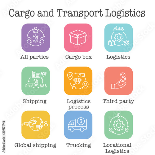 Logistics icon set with buildings, trucking, people & shipping box