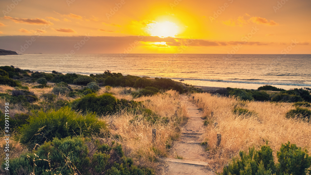 Pathway to Hallett Cove Beach at sunset