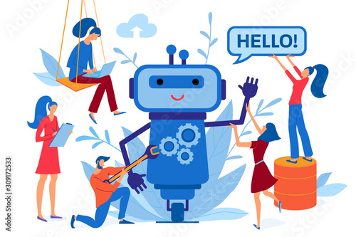 Chatbot, chat bot, robot development, automation process, artificial intelligence, virtual assistant, customer support concept, flat style vector illustration. Team of developers working on a chatbot
