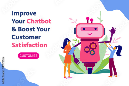 Chatbot, chat bot, robot development, automation, customisation services landing page, banner design with cute funny robot and two women, female developers, flat style vector illustration