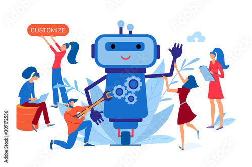 Team of developers working on a chatbot, customized chat bot development landing page, flat style vector illustration. Bit, chatbot, robot development, customisation process, artificial intelligence