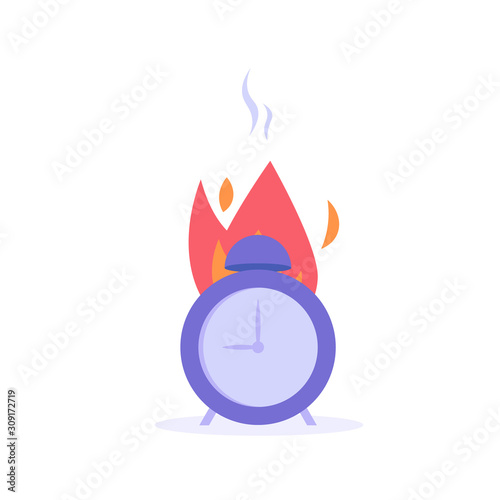 The alarm in fire, time is running out. Concept of time managment, deadline, self control, self discipline. Vector illustration in flat cartoon design