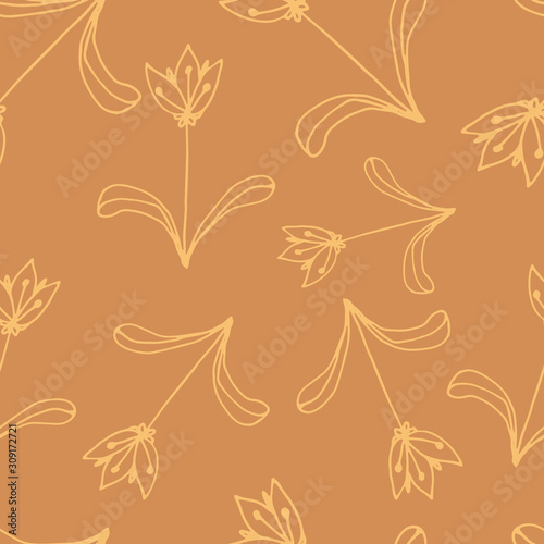 Floral seamless pattern in line art style.  Abstract botanical print of flowers, leaves, twigs. Textile design texture. Spring blossom background. Vector illustration.