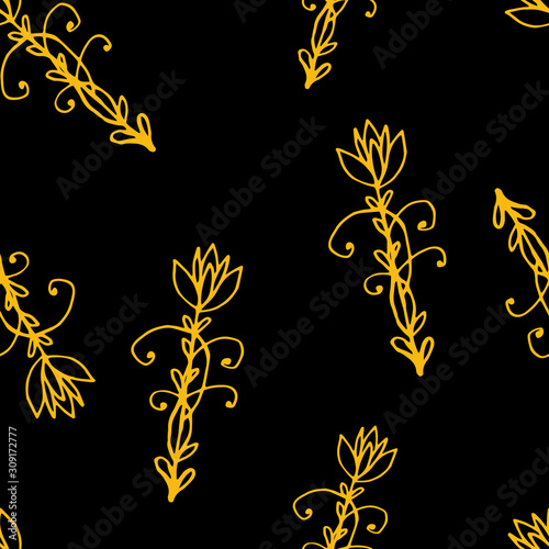 Floral seamless pattern in line art style.  Abstract botanical print of flowers, leaves, twigs. Textile design texture. Spring blossom background. Vector illustration.
