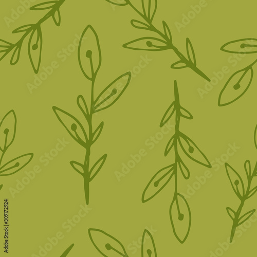 Floral seamless pattern in line art style.  Abstract botanical print of flowers, leaves, twigs. Textile design texture. Spring blossom background. Vector illustration.