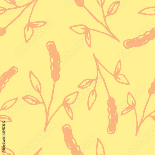Floral seamless pattern in line art style.  Abstract botanical print of flowers, leaves, twigs. Textile design texture. Spring blossom background. Vector illustration.