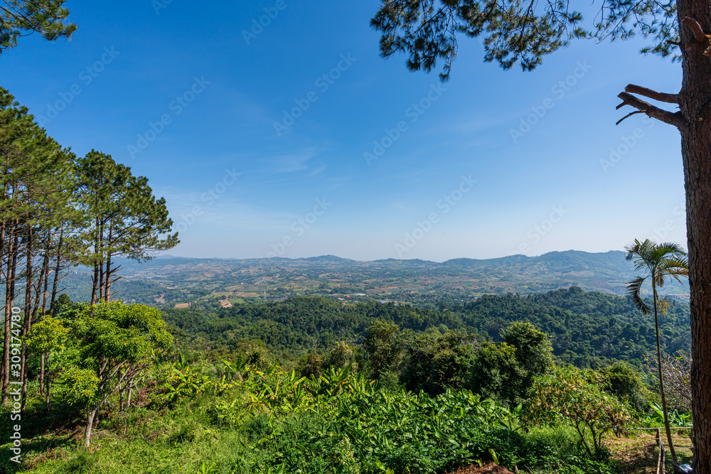 Obraz premium beautiful blue sky high peak mountains mist fog wildlife green forest at Khao Koh Phu Tub Berk Phetchabun Thailand guiding idea long weekend for backpacker camping campfire relaxing hiking 