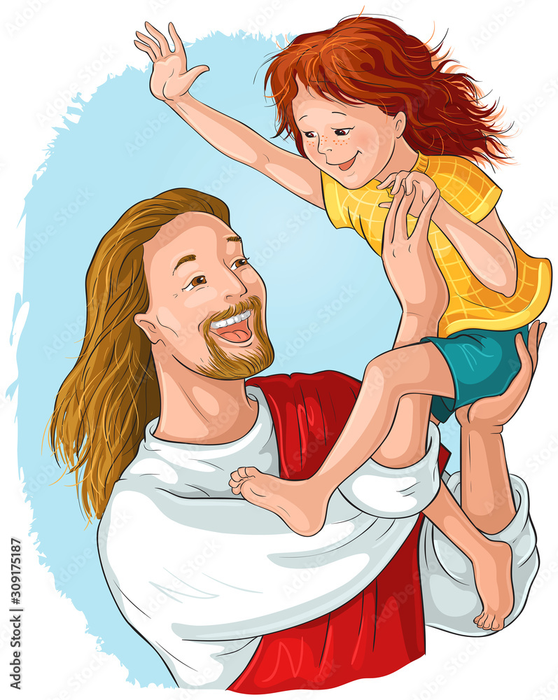 Laughing Jesus holds happy child in his arms vector cartoon christian ...