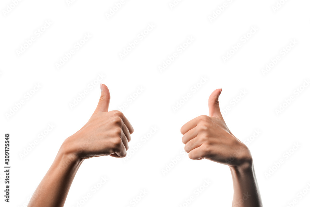 cropped view of woman showing thumbs up isolated on white cropped view of woman showing thumbs up isolated on white