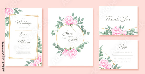 Beautiful watercolor set of wedding card templates. Decorated with roses and wild leaves.
