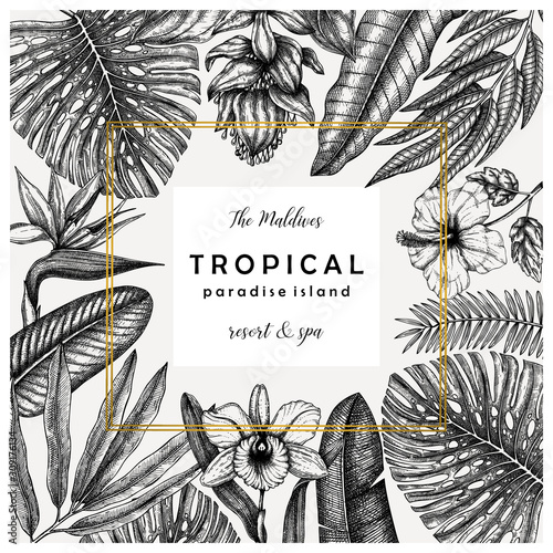 Tropical wedding greeting card or invitation design. Vector frame with hand drawn tropical plants, exotic flowers and palm leaves. Vintage botanical background. With gold foil elements