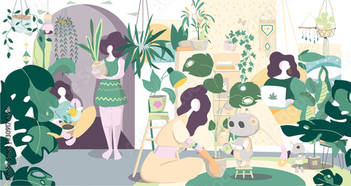 Feminine concept illustration, beautiful women in different situations and home interior and plants. Mobile UI UX GUI template, app interface wireframe. Home design, freelance concept