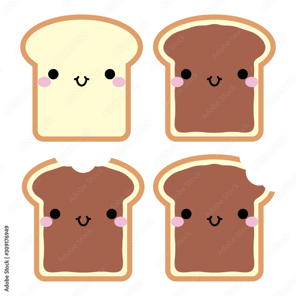Cute cartoon toasts with chocolate. In kawaii style with smiling face and pink cheeks. The expression of emotions for design, art work, design cards and web pages. Vector illustration Cute cartoon toasts with chocolate. In kawaii style with smiling face and pink cheeks. The expression of emotions for design, art work, design cards and web pages. Vector illustration