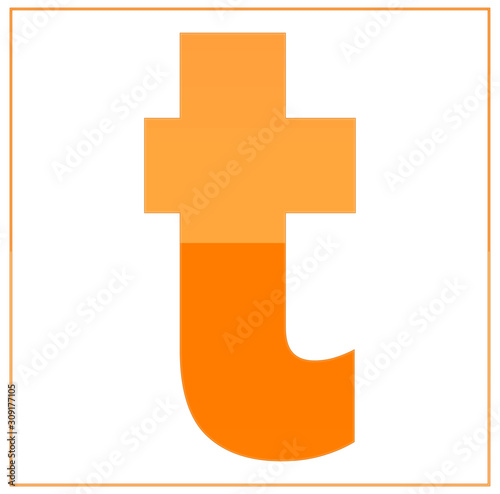 The letter t,  made light orange and dark orange, half-and-half. Same colors turn upside down and used in frame. On white background