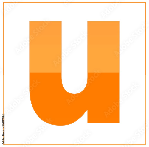 The letter u,  made light orange and dark orange, half-and-half. Same colors turn upside down and used in frame. On white background