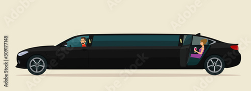 Limousine car with a driver, a man and a woman in the back seat with an open door. Vector flat style illustration.