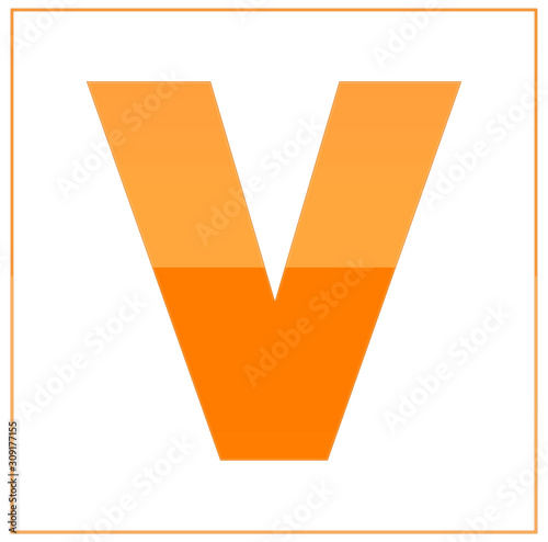 The letter v,  made light orange and dark orange, half-and-half. Same colors turn upside down and used in frame. On white background