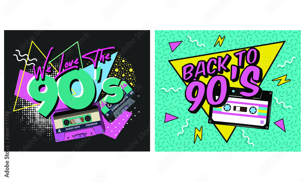 Retro party poster. Music of the nineties, vintage cassette tape and 90s  style. invitation card dancing party time advertisement poster background  illustration, Vector illustration in trendy 80-90s st Stock Vector
