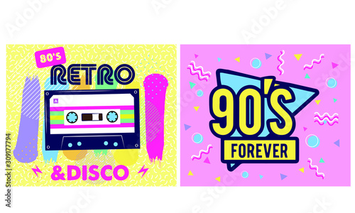 Retro party poster. Music of the nineties, vintage cassette tape and 90s style. invitation card dancing party time advertisement poster background illustration, Vector illustration in trendy 80-90s st