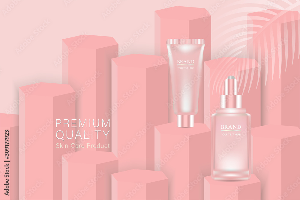 Beauty product ad design, pink cosmetic container with collagen solution advertising background ready to use, luxury skin care banner, illustration vector. Beauty product ad design, pink cosmetic container with collagen solution advertising background ready to use, luxury skin care banner, illustration vector.