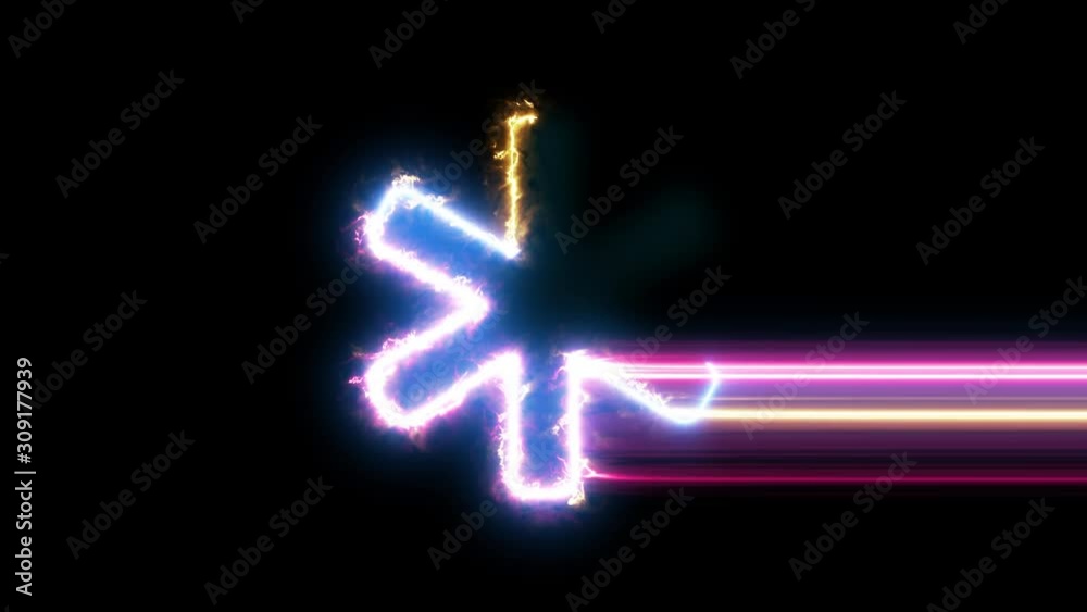 Asterisk symbol reveal. Blue, yellow, pink colors smoothly shimmer and form a neon electric number. Glowing motion wipes to center. 4K 60 fps video render footage. Asterisk symbol reveal. Blue, yellow, pink colors smoothly shimmer and form a neon electric number. Glowing motion wipes to center. 4K 60 fps video render footage.