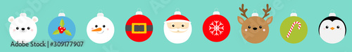 Christmas ball set line. Penguin, snowman, Santa Claus, bear, deer face. Belt, holly berry, snowflake, candy cane. Bauble toy. Cartoon kawaii character. Happy New Year. Flat design. Blue background.