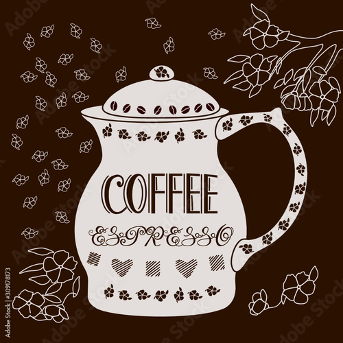 coffee pot with an abstraction on it and the inscription Espresso Coffee, on a brown background with many flowers