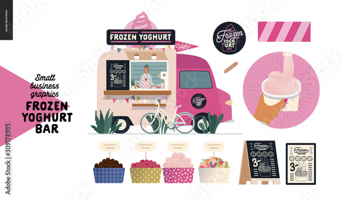 Frozen yoghurt bar - small business graphics - food truck -modern flat vector concept illustration of a dessert street food truck van, seller, menu, bicycle. Range of toppings, logo, menu, filling cup