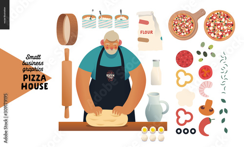 Pizza house -small business graphics -baker. Modern flat vector concept illustrations -a bearded man wearing a black branded apron kneadding the dough, ingredients, rolling pin, sieve, dough, topping