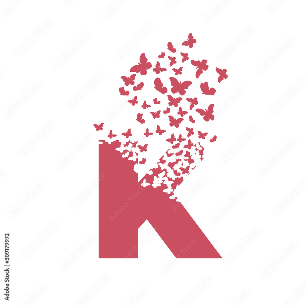 letter K with effect of destruction. Dispersion. Butterfly, moth letter K with effect of destruction. Dispersion. Butterfly, moth