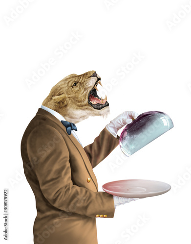 homme animal, tête de lionne, lion, agressive, cuisine, chef, maître d'hôtel, serveur, waiter, plat, restaurateur, présentation, brun, vert, créature, illustration, 3d, mammifère, personne, gens, homm photo