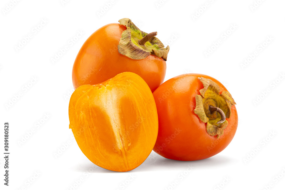 fresh ripe persimmons with leaf isolated on white background. full depth of field fresh ripe persimmons with leaf isolated on white background. full depth of field