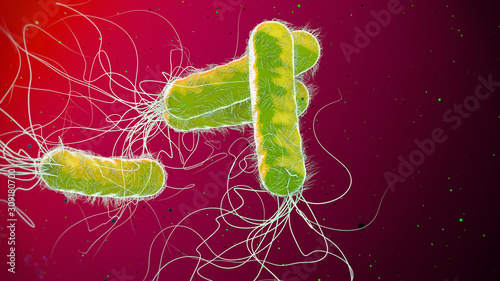 Green colored multiple antibiotic resistant Pseudomonas aeruginosa bacterium - 3d illustration photo