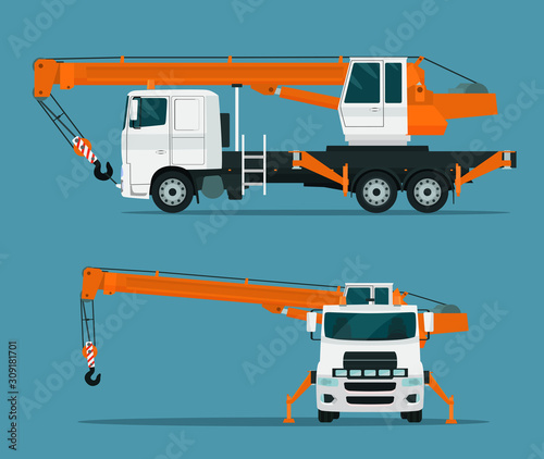 Truck crane set. Side and front view. Vector flat style illustration.