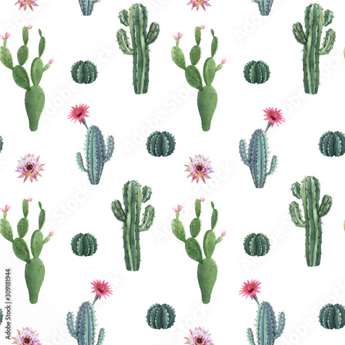 Beautiful vector watercolor cactus seamless pattern. Hand drawn stock illustrations. White background.