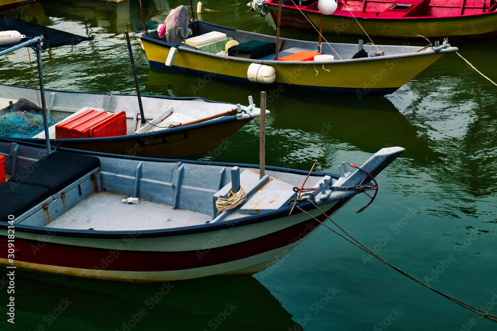 Beautiful rural scenery, fisherman boat moored near the sea shore
