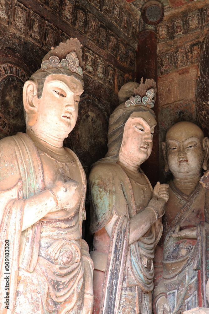 Maijishan Cave-Temple Complex in Tianshui , Gansu Province , China. Artistic treasures of Maiji Mountain caves. UNESCO World Heritage Site. Maijishan Cave-Temple Complex in Tianshui , Gansu Province , China. Artistic treasures of Maiji Mountain caves. UNESCO World Heritage Site.