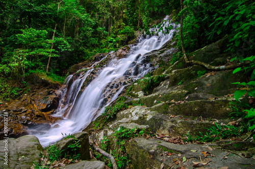 Beautiful tropical waterfall in lush surrounded by green forest.wet rock and moss.selective focus shot.