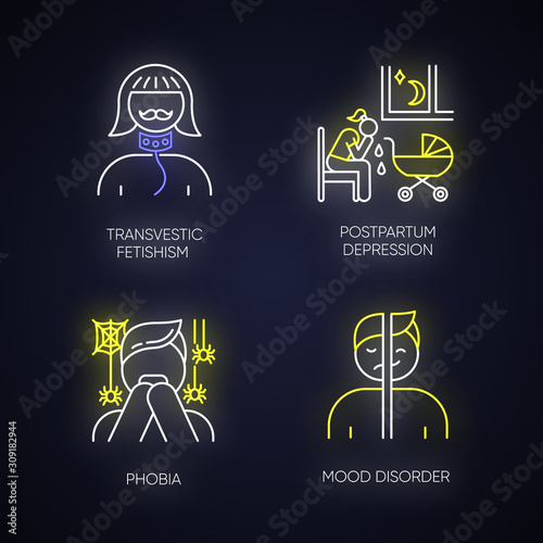 Mental disorder neon light icons set. Transvestic fetishism. Postpartum depression. Phobia. Panic attack. Mood disorder. Deviation and perversion. Glowing signs. Vector isolated illustrations