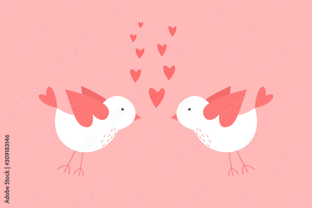 Vector Valentines day greeting card with a couple of lovely birds with heart shaped tales and wings