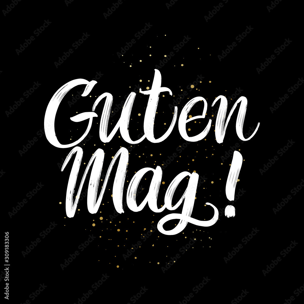 Guten Tag brush paint hand drawn lettering on black background with splashes. Greeting in german language design templates for greeting cards, overlays, posters