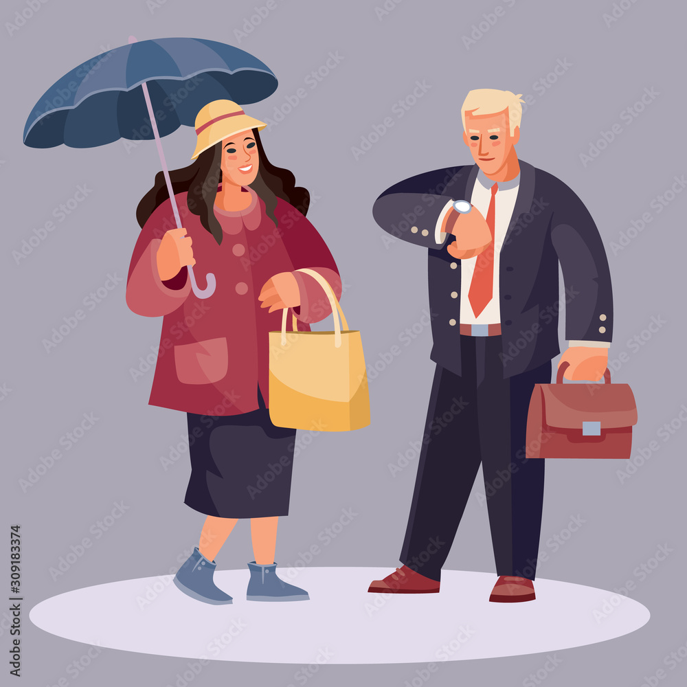 elegant woman in a hat with an umbrella and with a bag asks the man for time, he is in a hurry somewhere and is holding a briefcase, vector illustration elegant woman in a hat with an umbrella and with a bag asks the man for time, he is in a hurry somewhere and is holding a briefcase, vector illustration