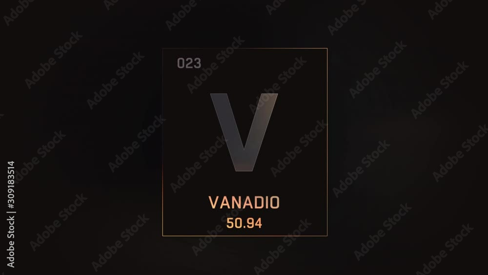 Vanadium as Element 23 of the Periodic Table. Seamlessly looping 3D animation on grey illuminated atom design background with orbiting electrons. Name, atomic weight, element number in Spanish languag Vanadium as Element 23 of the Periodic Table. Seamlessly looping 3D animation on grey illuminated atom design background with orbiting electrons. Name, atomic weight, element number in Spanish languag