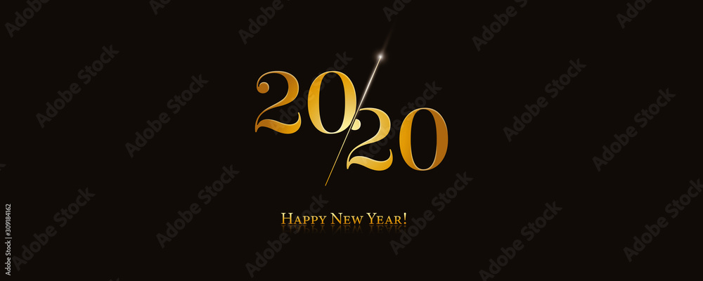 Plakat 2020 Logo Szczęśliwego Nowego Roku. Szablon projektu broszury, plakat, karta, baner. Ilustracja wektorowa. Złoty Projekt Na Czarnym Tle.