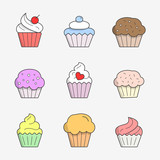 Cupcake Icons set - Vector color symbols of sweet, dessert, muffin, cake and snack for the site or interface